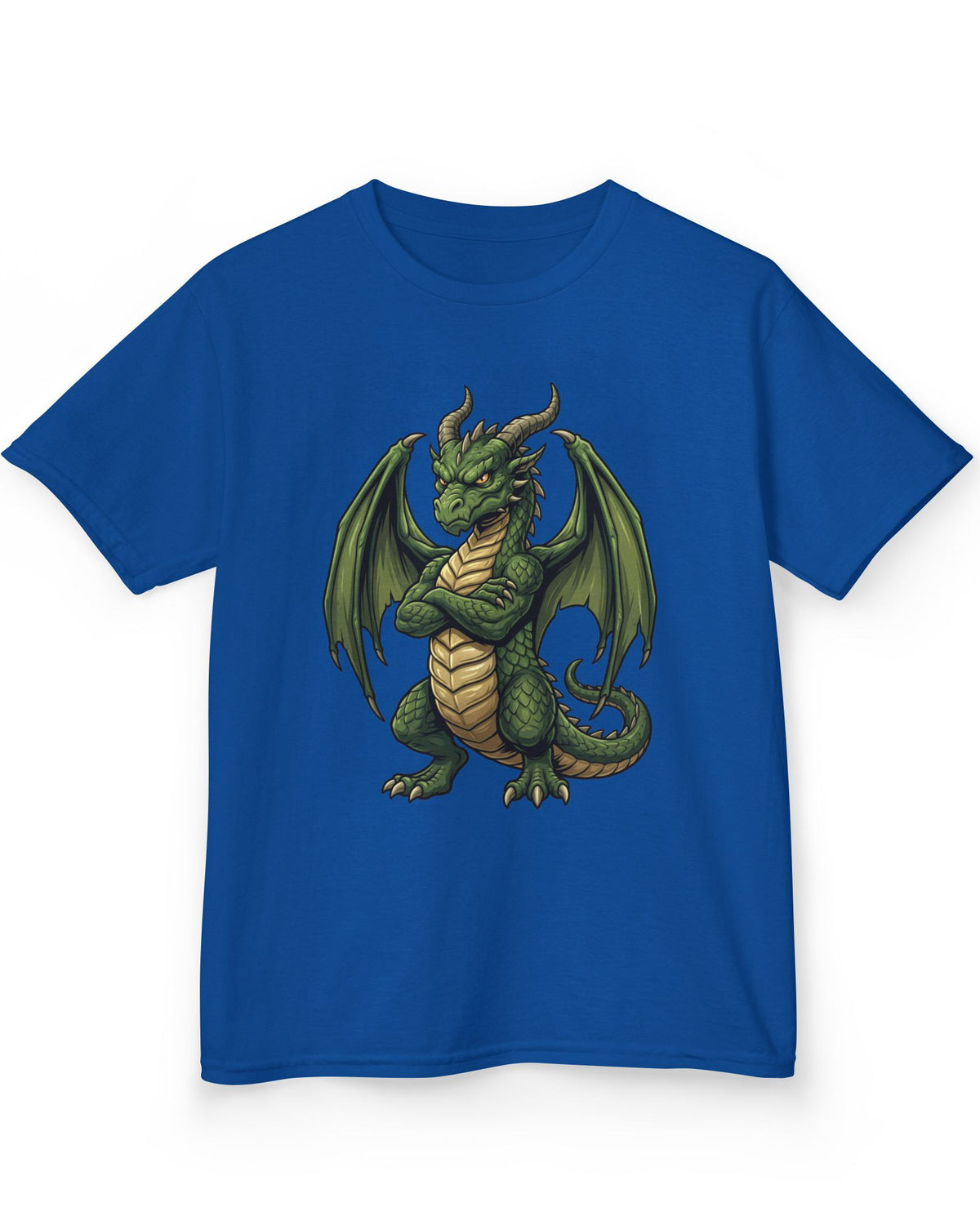 Grumpy Dragon shirt in royal blue featuring a green dragon with crossed arms, spread wings, curved horns, and a scowl