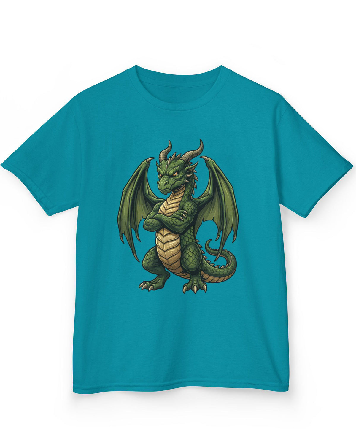 Grumpy Dragon shirt in tropical blue featuring a green dragon with crossed arms, spread wings, curved horns, and a scowl