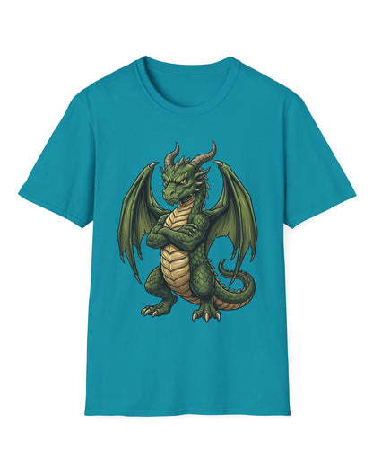 Grumpy Dragon shirt in tropical blue featuring a green dragon with crossed arms, spread wings, curved horns, and a scowl