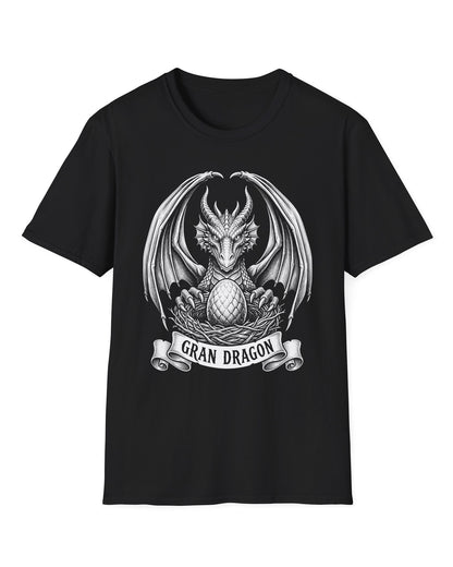 Gran Dragon shirt in black featuring detailed vintage sketch art of a dragon guarding an egg in its nest