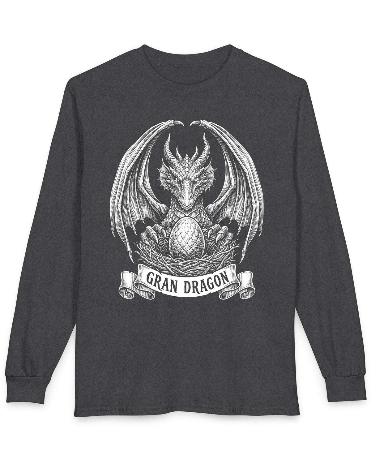 Gran Dragon shirt in dark heather featuring detailed vintage sketch art of a dragon guarding an egg in its nest