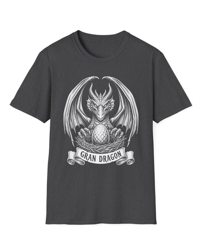 Gran Dragon shirt in dark heather featuring detailed vintage sketch art of a dragon guarding an egg in its nest