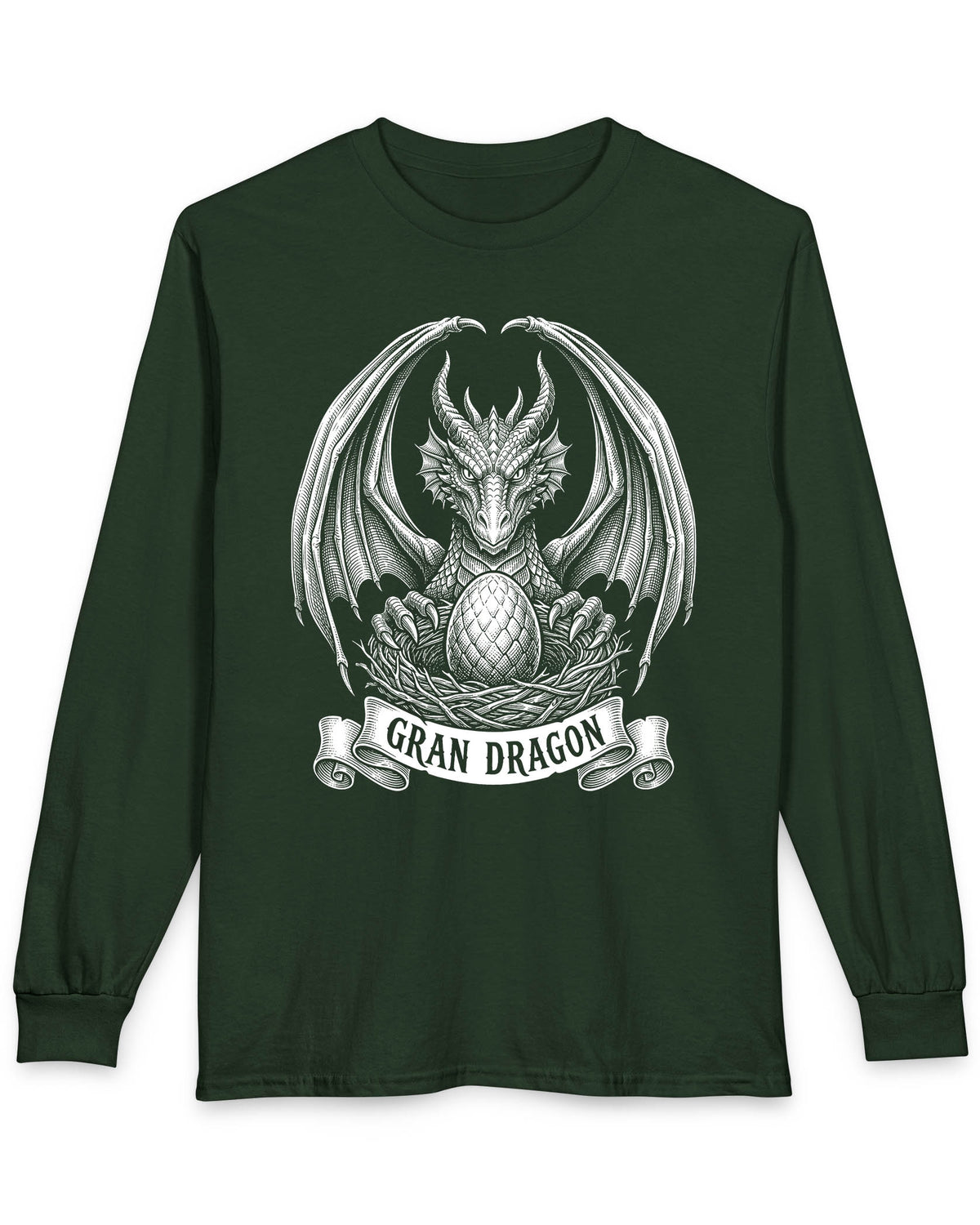 Gran Dragon shirt in forest green featuring detailed vintage sketch art of a dragon guarding an egg in its nest