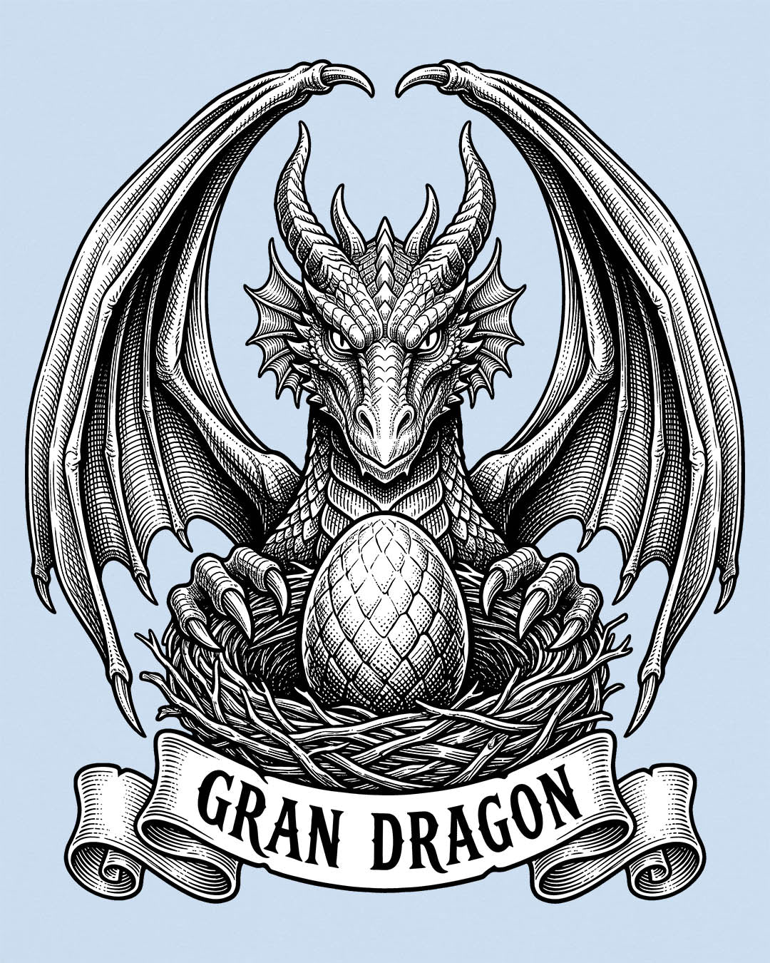 Gran Dragon shirt in light blue featuring detailed vintage sketch art of a dragon guarding an egg in its nest