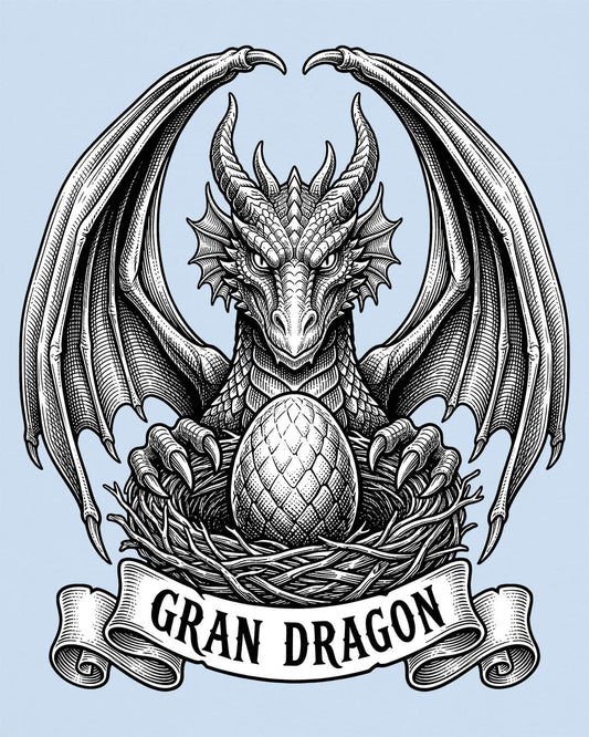 Gran Dragon shirt in light blue featuring detailed vintage sketch art of a dragon guarding an egg in its nest