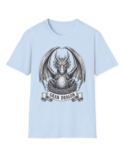 Gran Dragon shirt in light blue featuring detailed vintage sketch art of a dragon guarding an egg in its nest