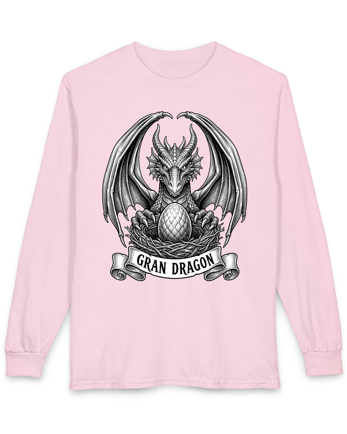 Gran Dragon shirt in light pink featuring detailed vintage sketch art of a dragon guarding an egg in its nest