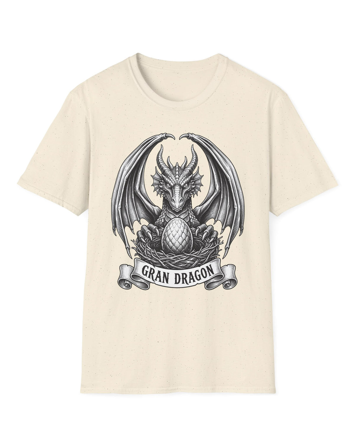 Gran Dragon shirt in natural featuring detailed vintage sketch art of a dragon guarding an egg in its nest