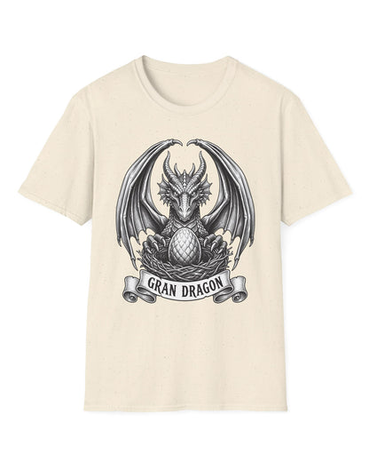 Gran Dragon shirt in natural featuring detailed vintage sketch art of a dragon guarding an egg in its nest