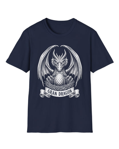 Gran Dragon shirt in navy featuring detailed vintage sketch art of a dragon guarding an egg in its nest