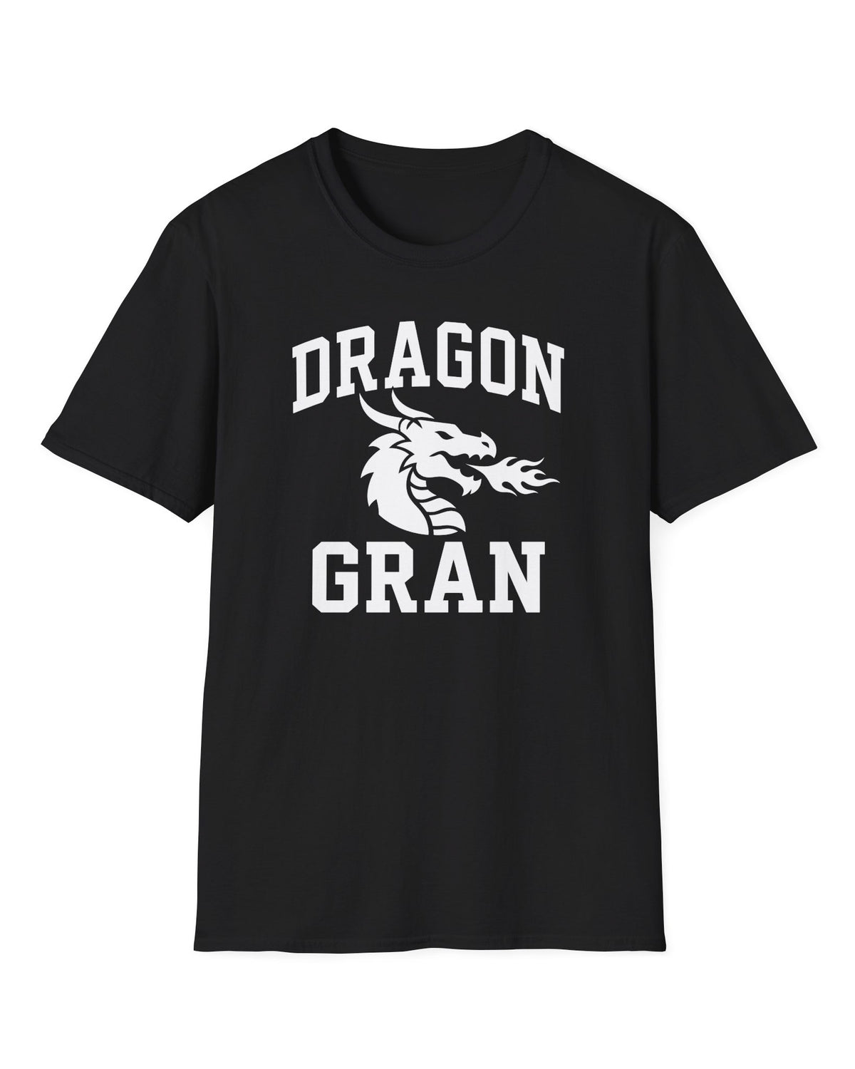 Dragon Gran shirt in black with bold collegiate lettering and a minimalist dragon breathing fire emblem