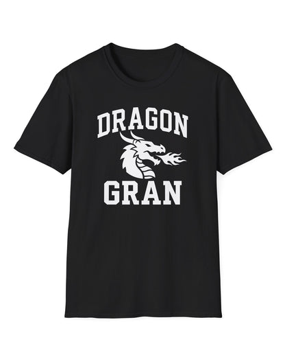 Dragon Gran shirt in black with bold collegiate lettering and a minimalist dragon breathing fire emblem