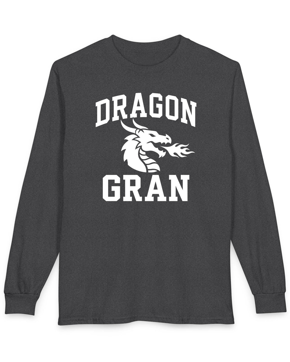 Dragon Gran shirt in dark heather with bold collegiate lettering and a minimalist dragon breathing fire emblem