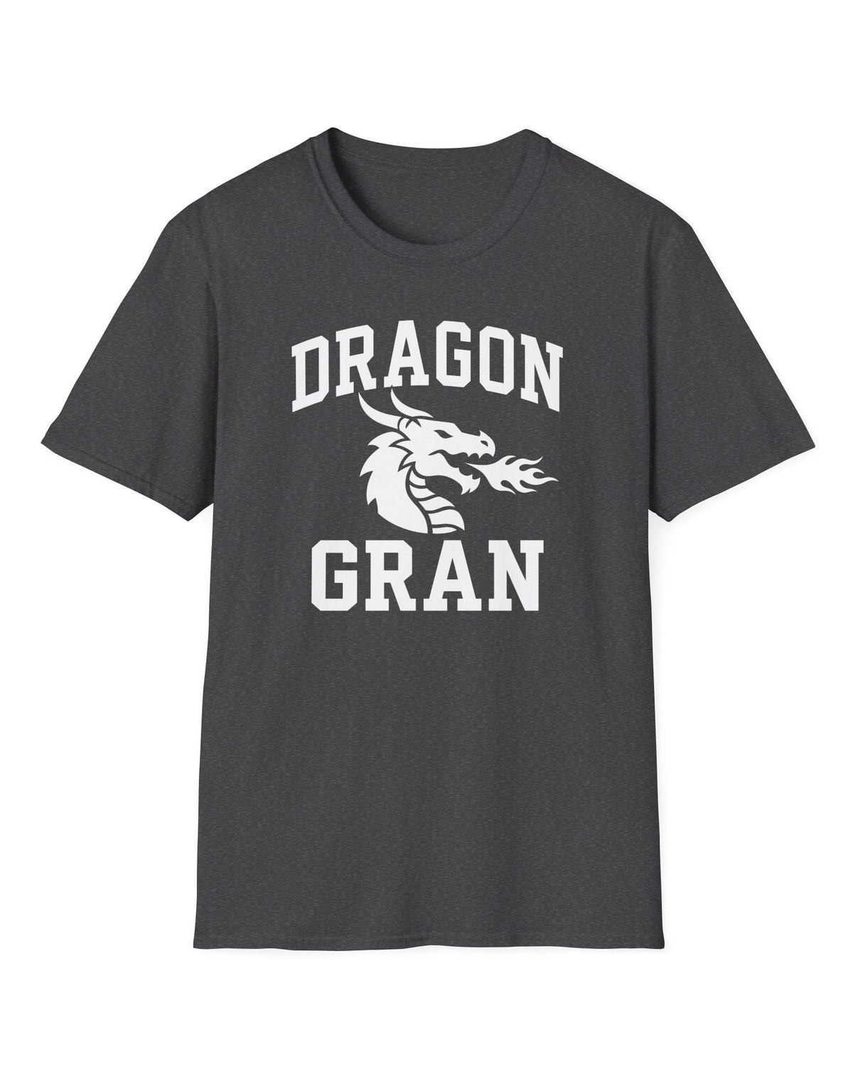 Dragon Gran shirt in dark heather with bold collegiate lettering and a minimalist dragon breathing fire emblem