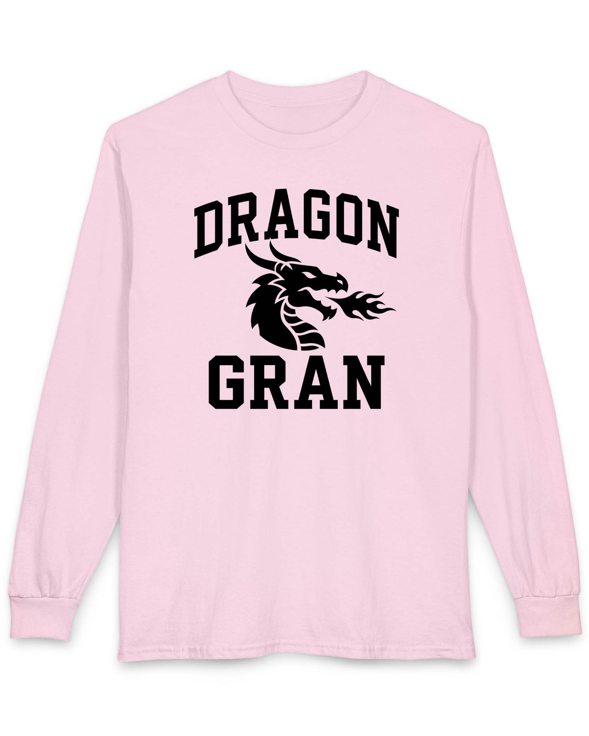 Dragon Gran shirt in light pink with bold collegiate lettering and a minimalist dragon breathing fire emblem