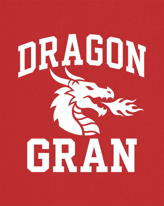 Dragon Gran shirt in red with bold collegiate lettering and a minimalist dragon breathing fire emblem