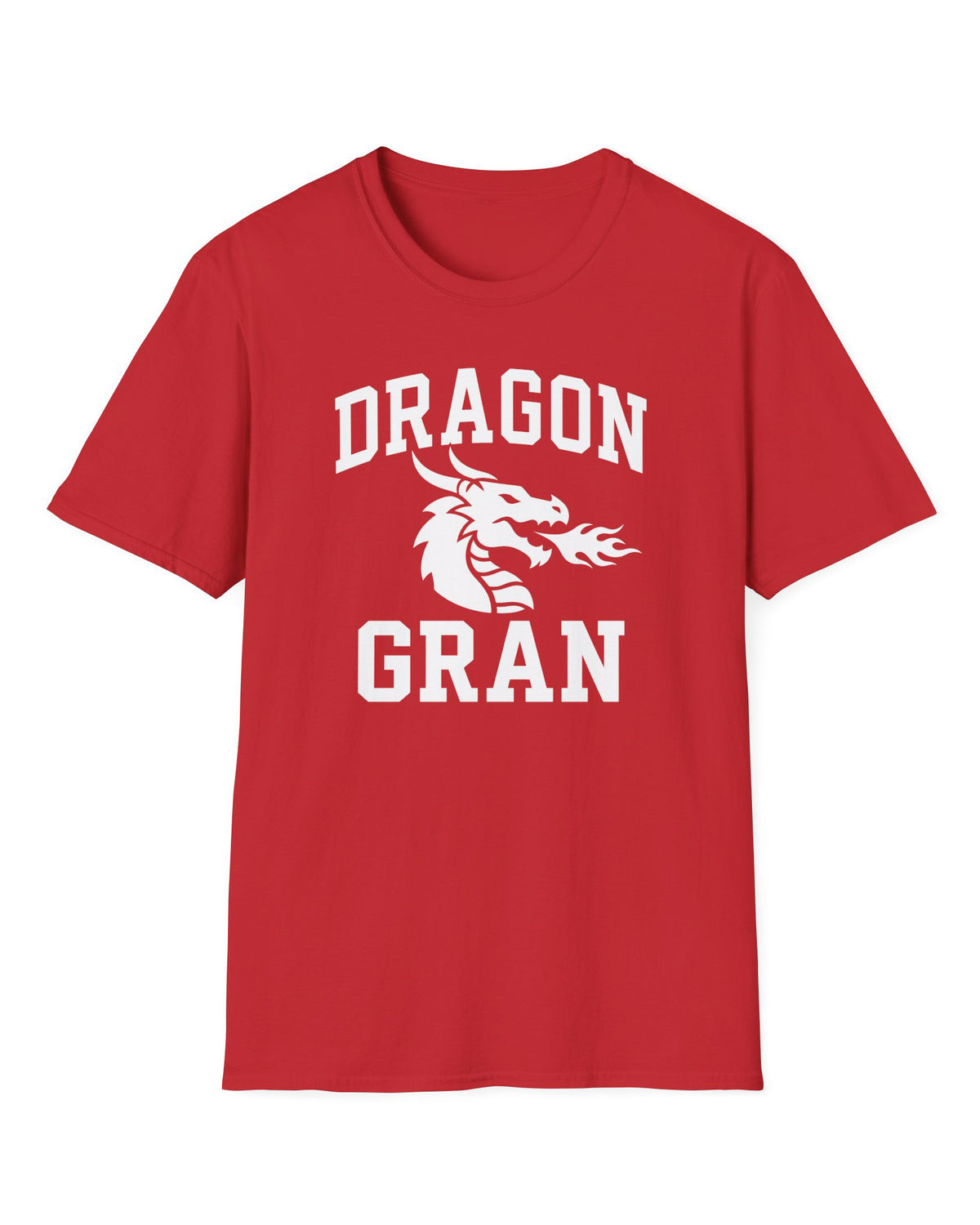 Dragon Gran shirt in red with bold collegiate lettering and a minimalist dragon breathing fire emblem