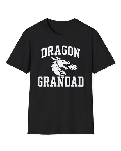 Dragon Grandad shirt in black with bold collegiate lettering and a minimalist dragon breathing fire emblem