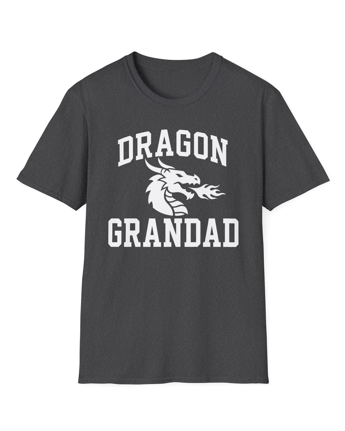 Dragon Grandad shirt in dark heather with bold collegiate lettering and a minimalist dragon breathing fire emblem