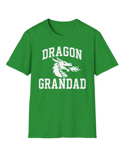 Dragon Grandad shirt in Irish green with bold collegiate lettering and a minimalist dragon breathing fire emblem