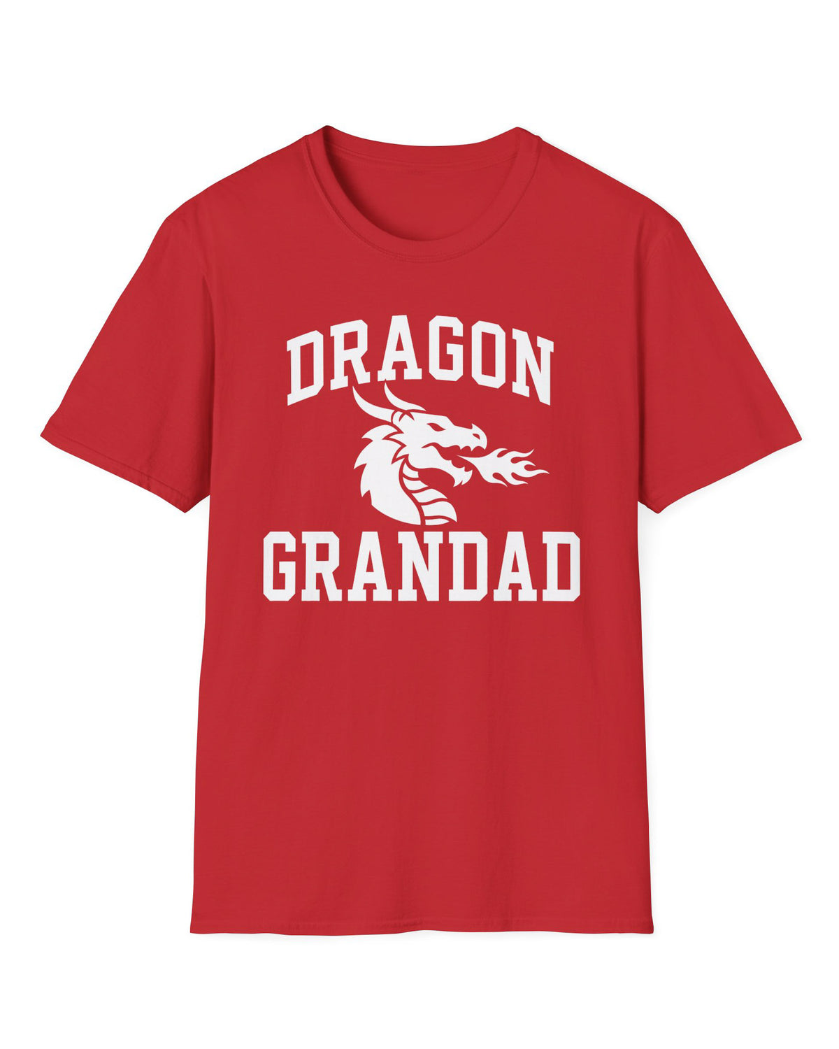 Dragon Grandad shirt in red with bold collegiate lettering and a minimalist dragon breathing fire emblem