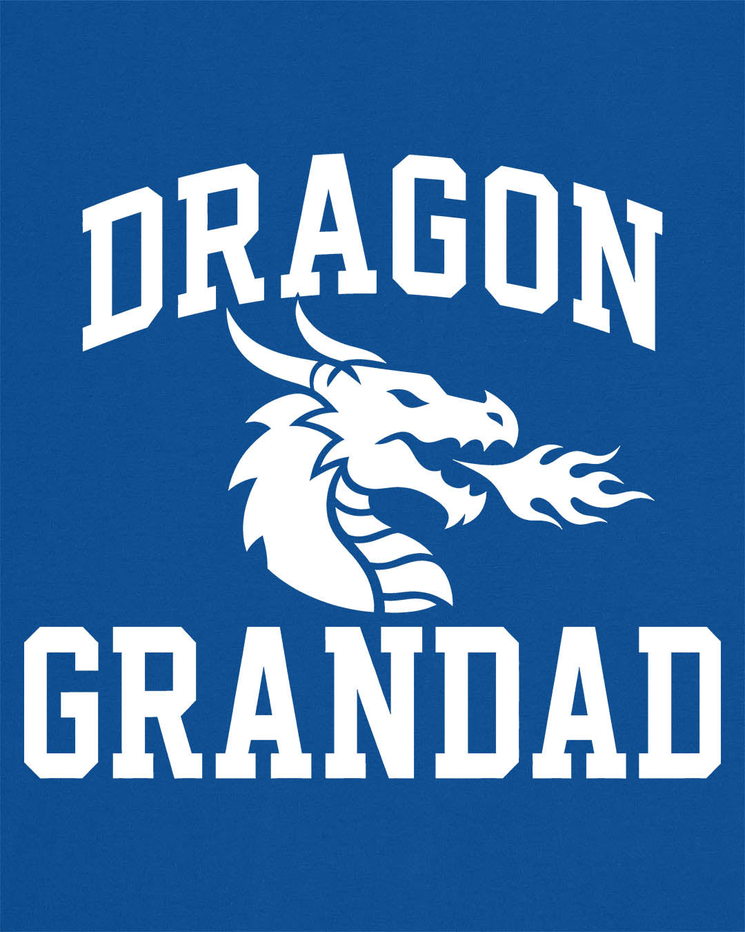 Dragon Grandad shirt in royal blue with bold collegiate lettering and a minimalist dragon breathing fire emblem