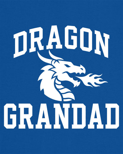 Dragon Grandad shirt in royal blue with bold collegiate lettering and a minimalist dragon breathing fire emblem