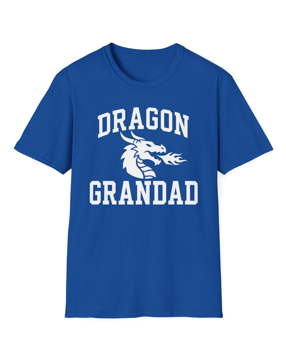 Dragon Grandad shirt in royal blue with bold collegiate lettering and a minimalist dragon breathing fire emblem