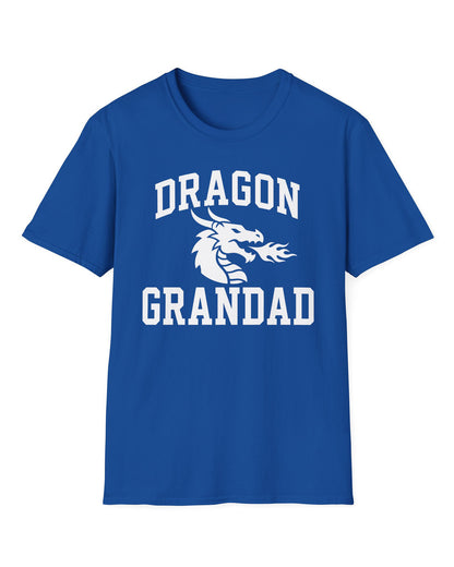 Dragon Grandad shirt in royal blue with bold collegiate lettering and a minimalist dragon breathing fire emblem