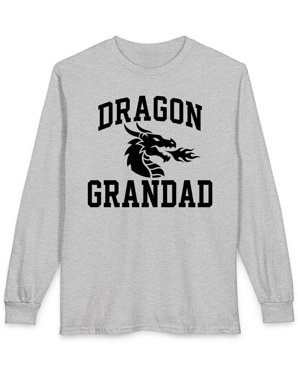Dragon Grandad shirt in sport grey with bold collegiate lettering and a minimalist dragon breathing fire emblem