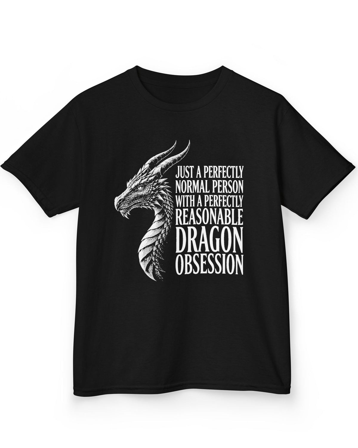 Dragon Obsession shirt in black featuring a detailed white dragon head illustration beside bold white text