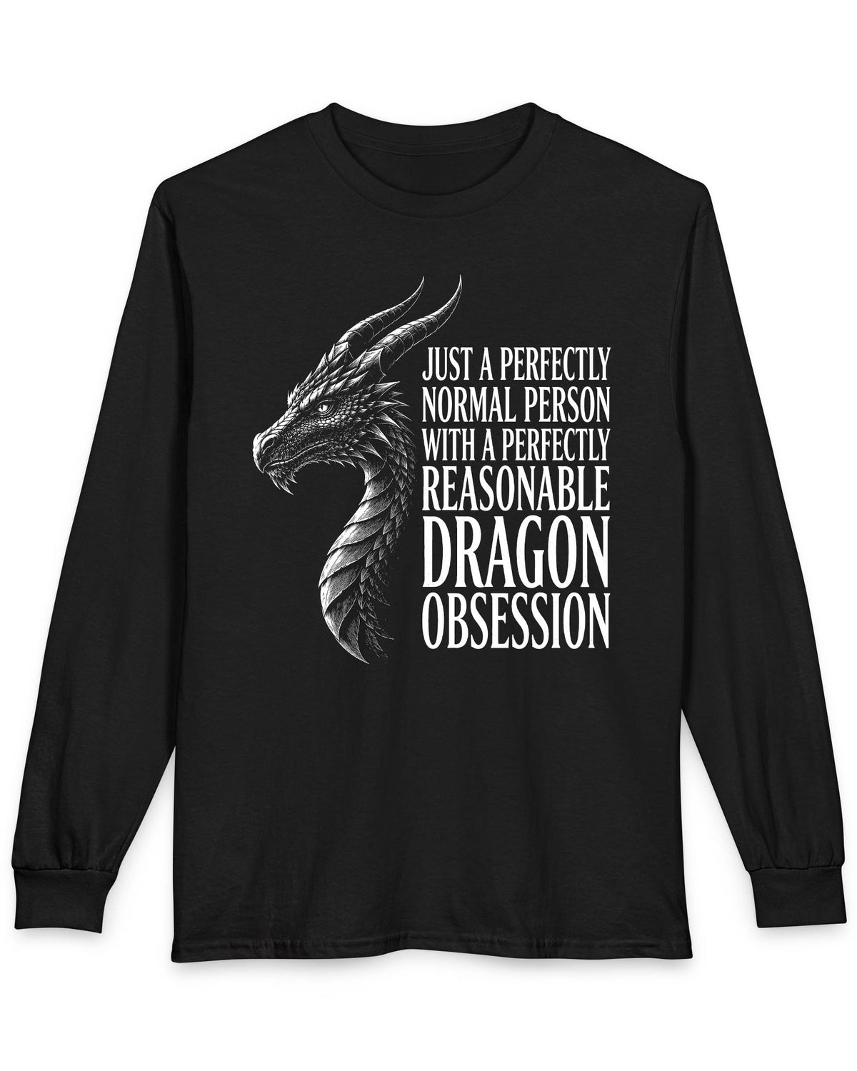 Dragon Obsession shirt in black featuring a detailed white dragon head illustration beside bold white text