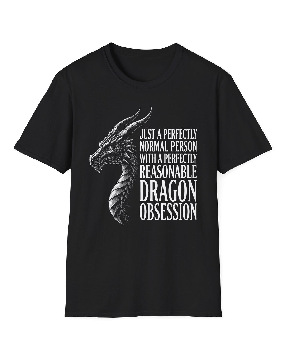 Dragon Obsession shirt in black featuring a detailed white dragon head illustration beside bold white text