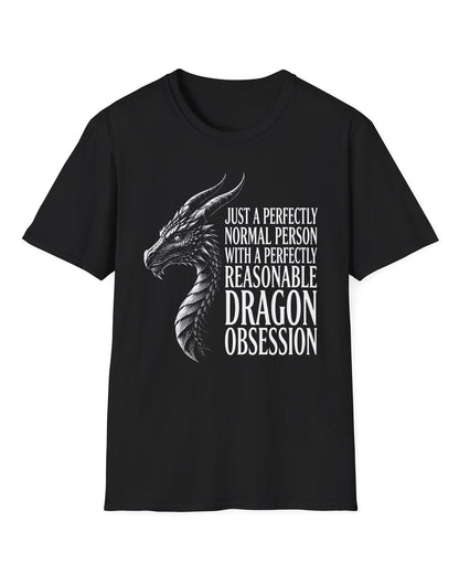 Dragon Obsession shirt in black featuring a detailed white dragon head illustration beside bold white text