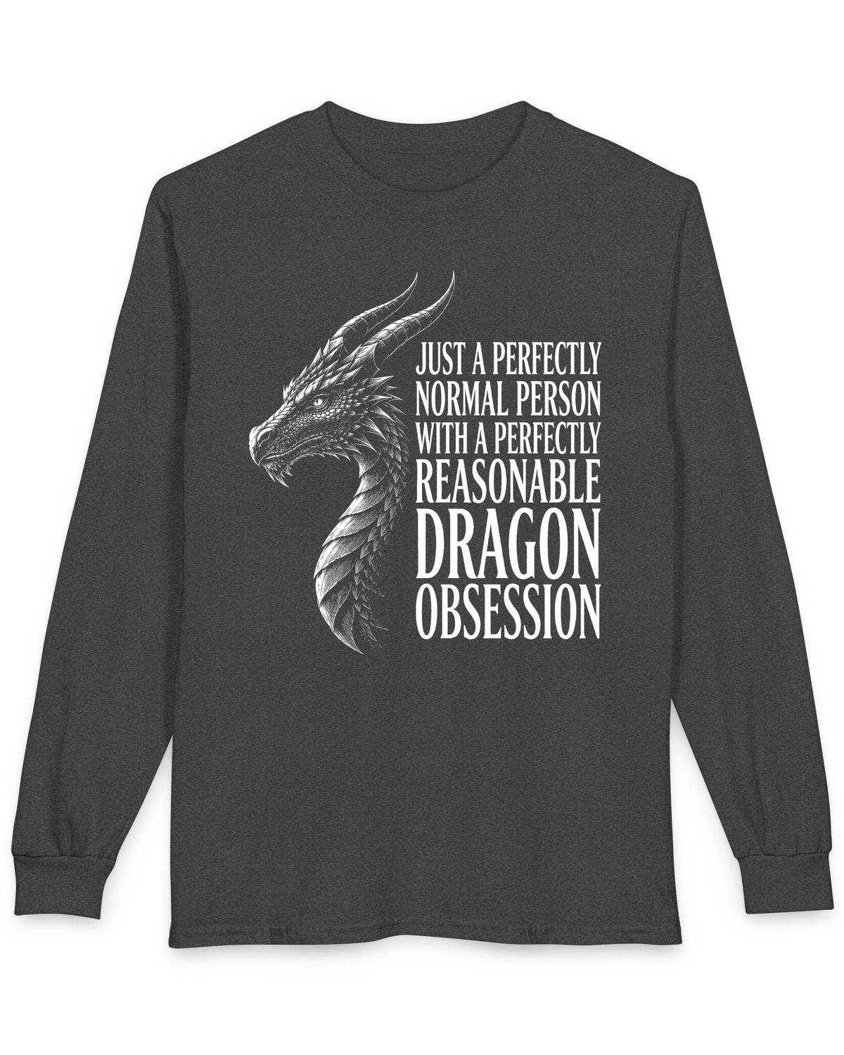 Dragon Obsession shirt in dark heather featuring a detailed white dragon head illustration beside bold white text