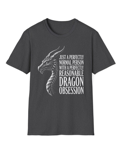 Dragon Obsession shirt in dark heather featuring a detailed white dragon head illustration beside bold white text