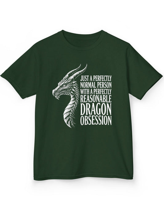 Dragon Obsession shirt in forest green featuring a detailed white dragon head illustration beside bold white text
