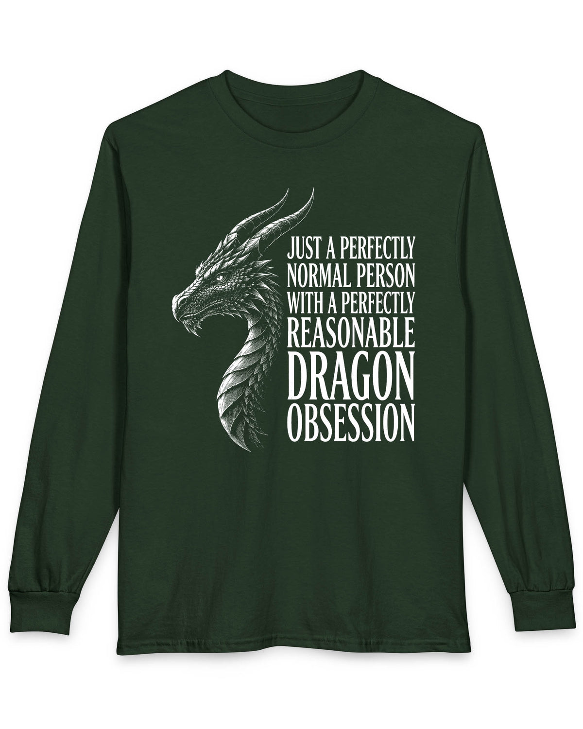 Dragon Obsession shirt in forest green featuring a detailed white dragon head illustration beside bold white text