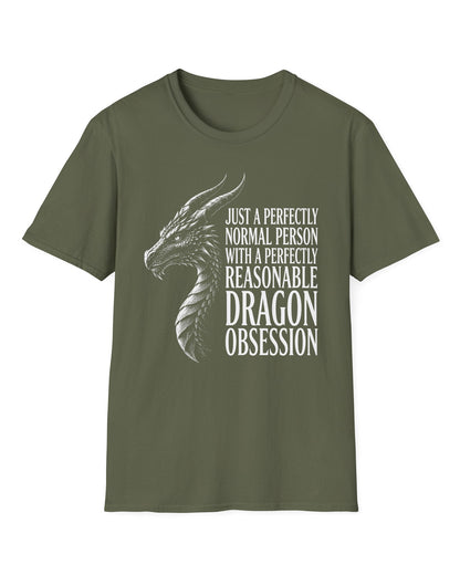 Dragon Obsession shirt in military green featuring a detailed white dragon head illustration beside bold white text