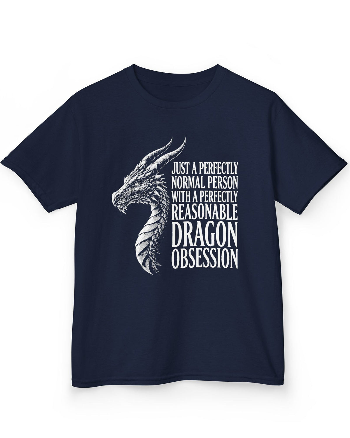 Dragon Obsession shirt in navy featuring a detailed white dragon head illustration beside bold white text