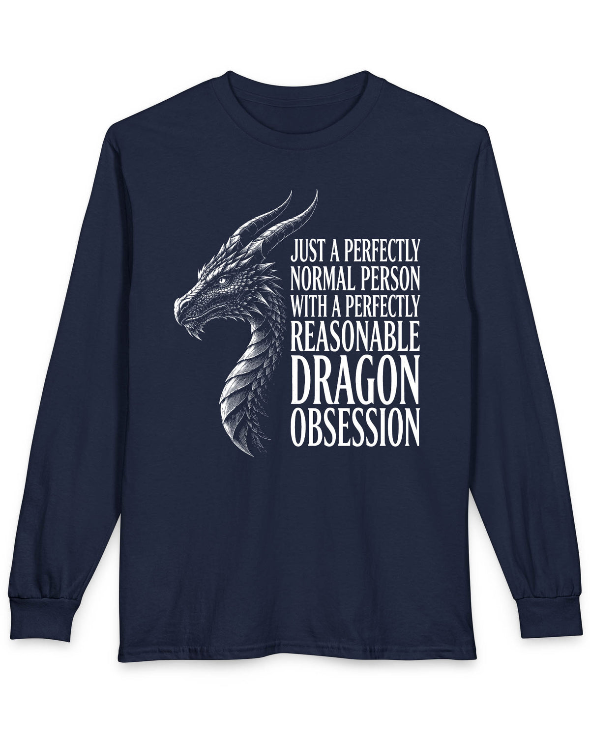 Dragon Obsession shirt in navy featuring a detailed white dragon head illustration beside bold white text