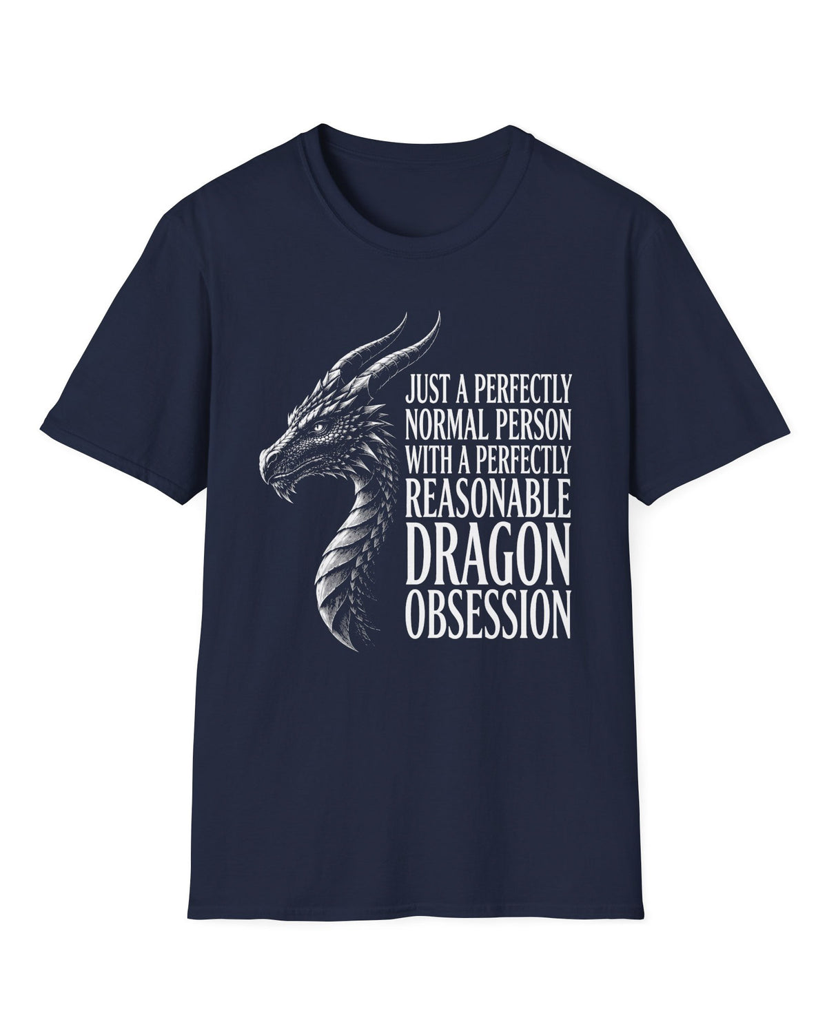 Dragon Obsession shirt in navy featuring a detailed white dragon head illustration beside bold white text