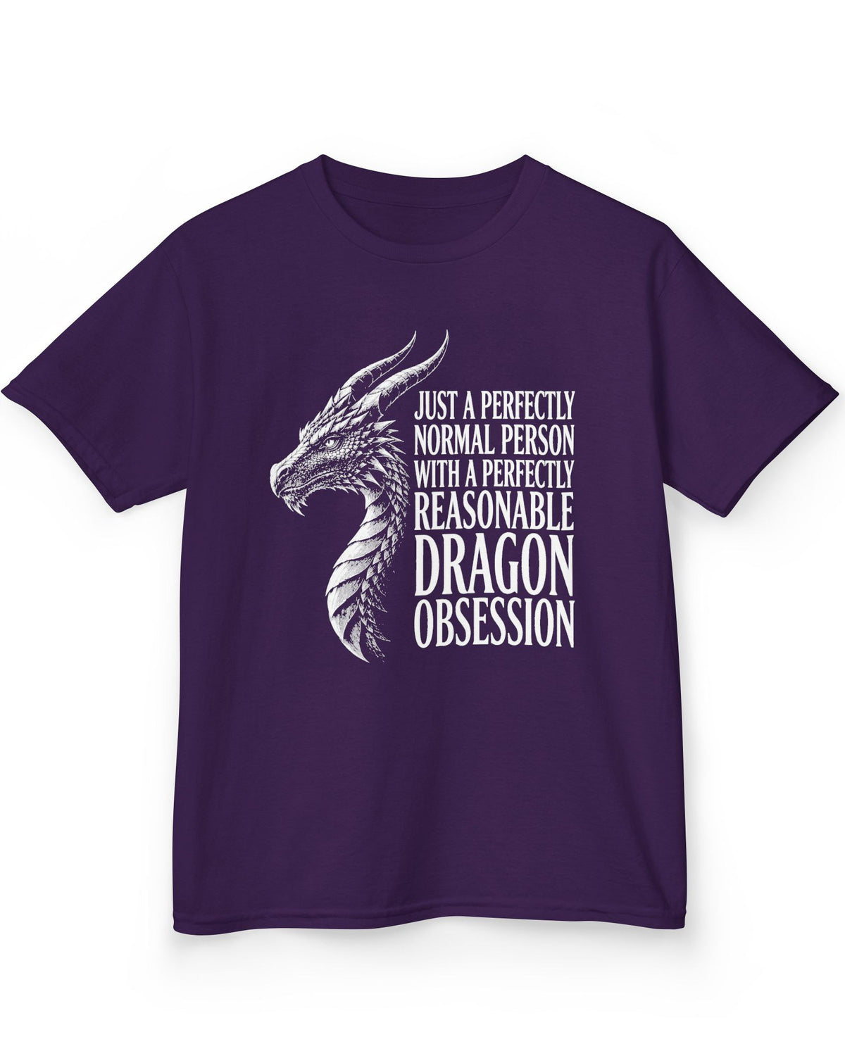 Dragon Obsession shirt in purple featuring a detailed white dragon head illustration beside bold white text