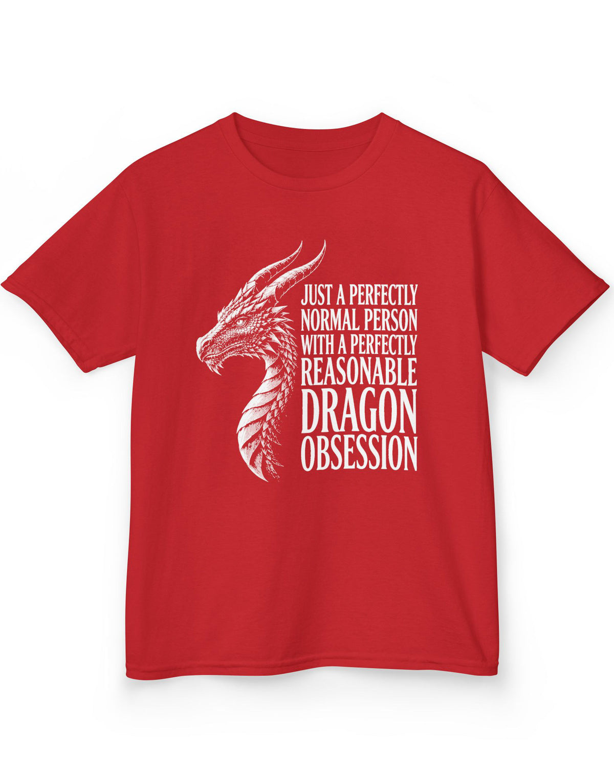 Dragon Obsession shirt in red featuring a detailed white dragon head illustration beside bold white text