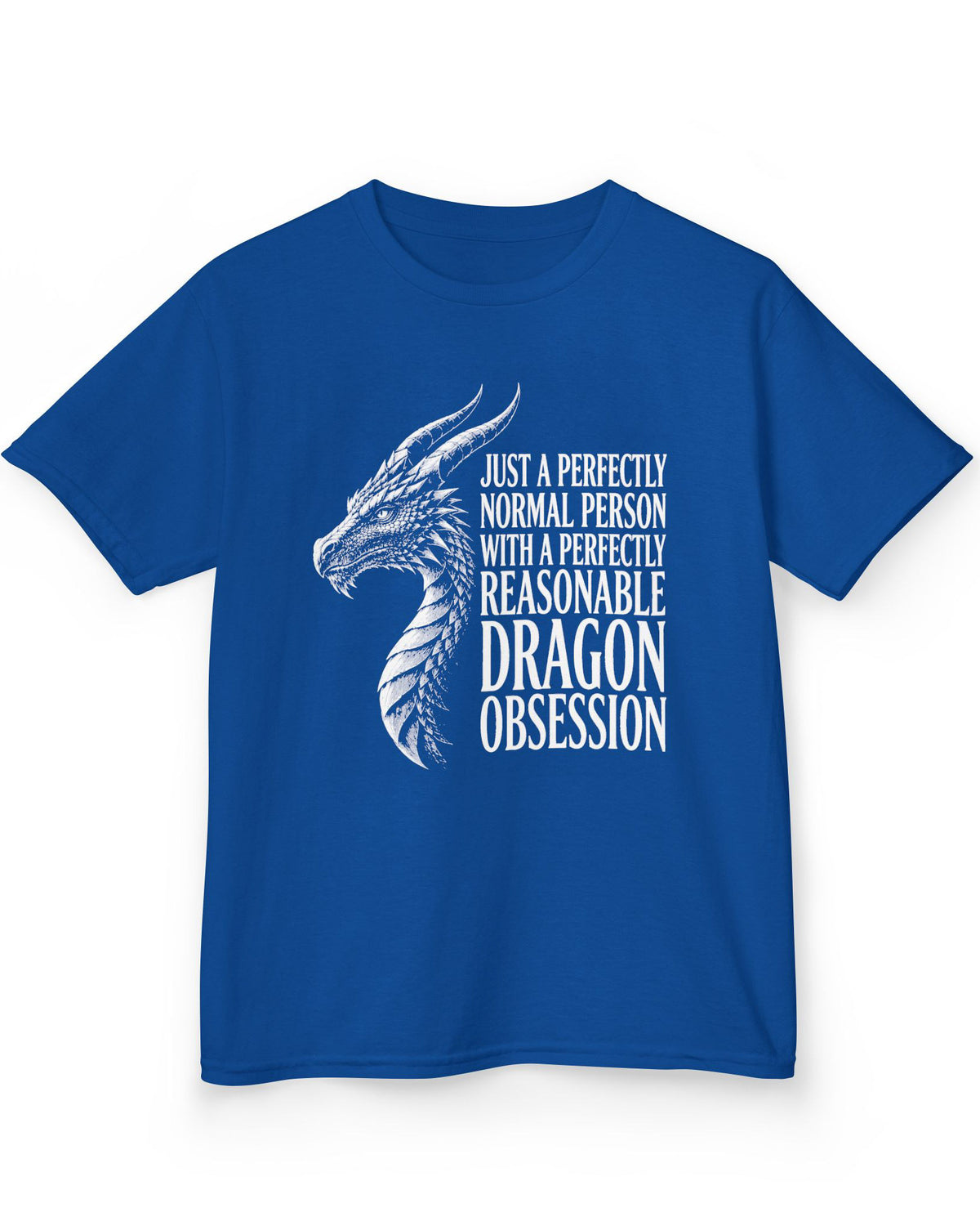 Dragon Obsession shirt in royal blue featuring a detailed white dragon head illustration beside bold white text