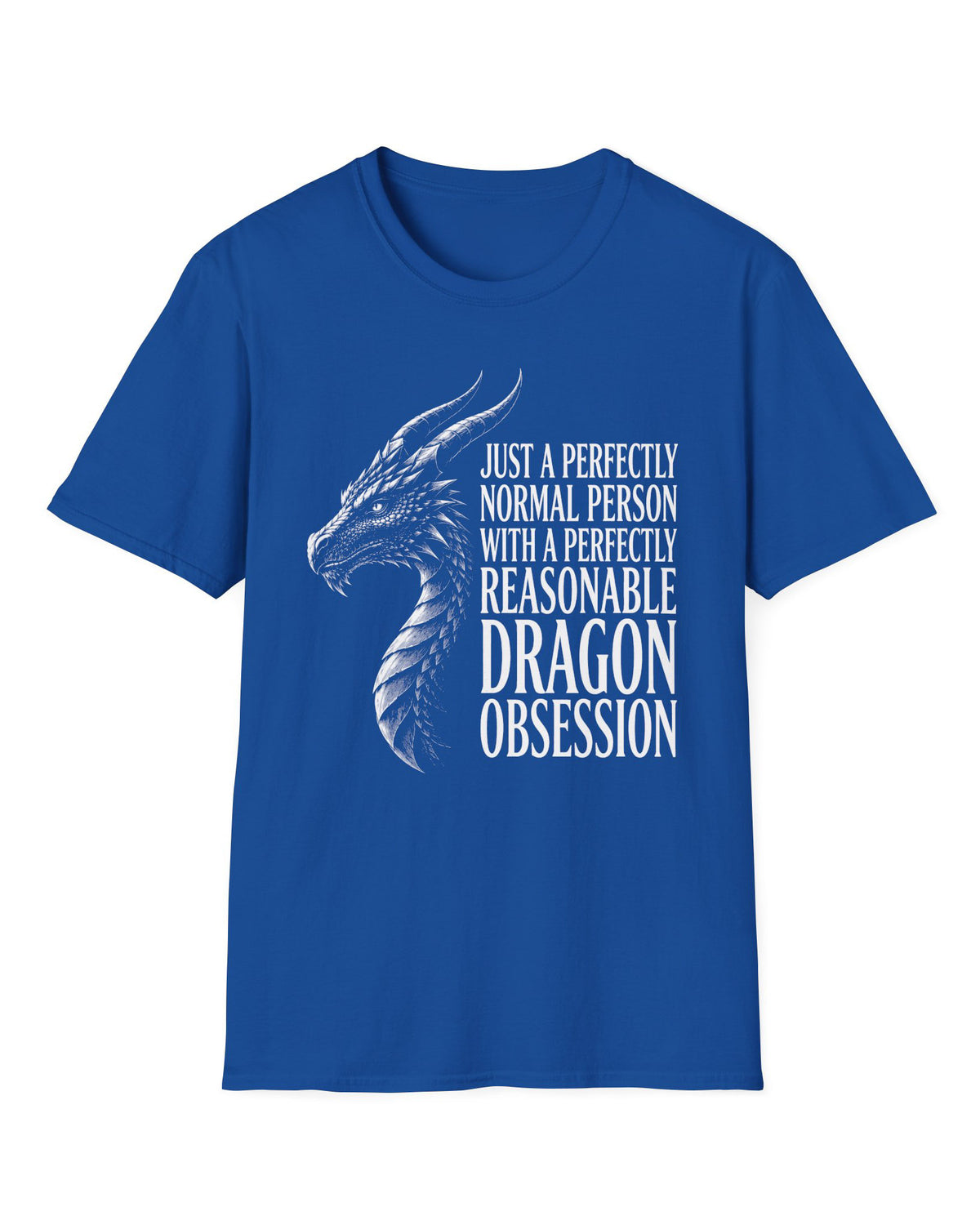 Dragon Obsession shirt in royal blue featuring a detailed white dragon head illustration beside bold white text