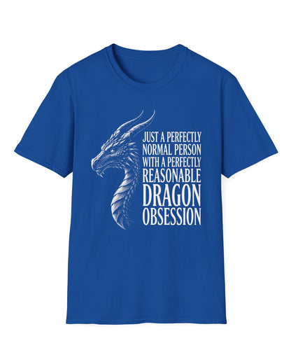 Dragon Obsession shirt in royal blue featuring a detailed white dragon head illustration beside bold white text