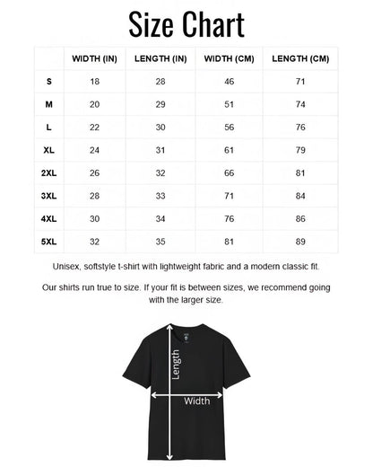 A size chart graphic for a unisex short-sleeve t-shirt, showing a width, length, and height measurement table in inches and centimeters from S to 5XL, plus a black shirt diagram with arrows indicating width and length.