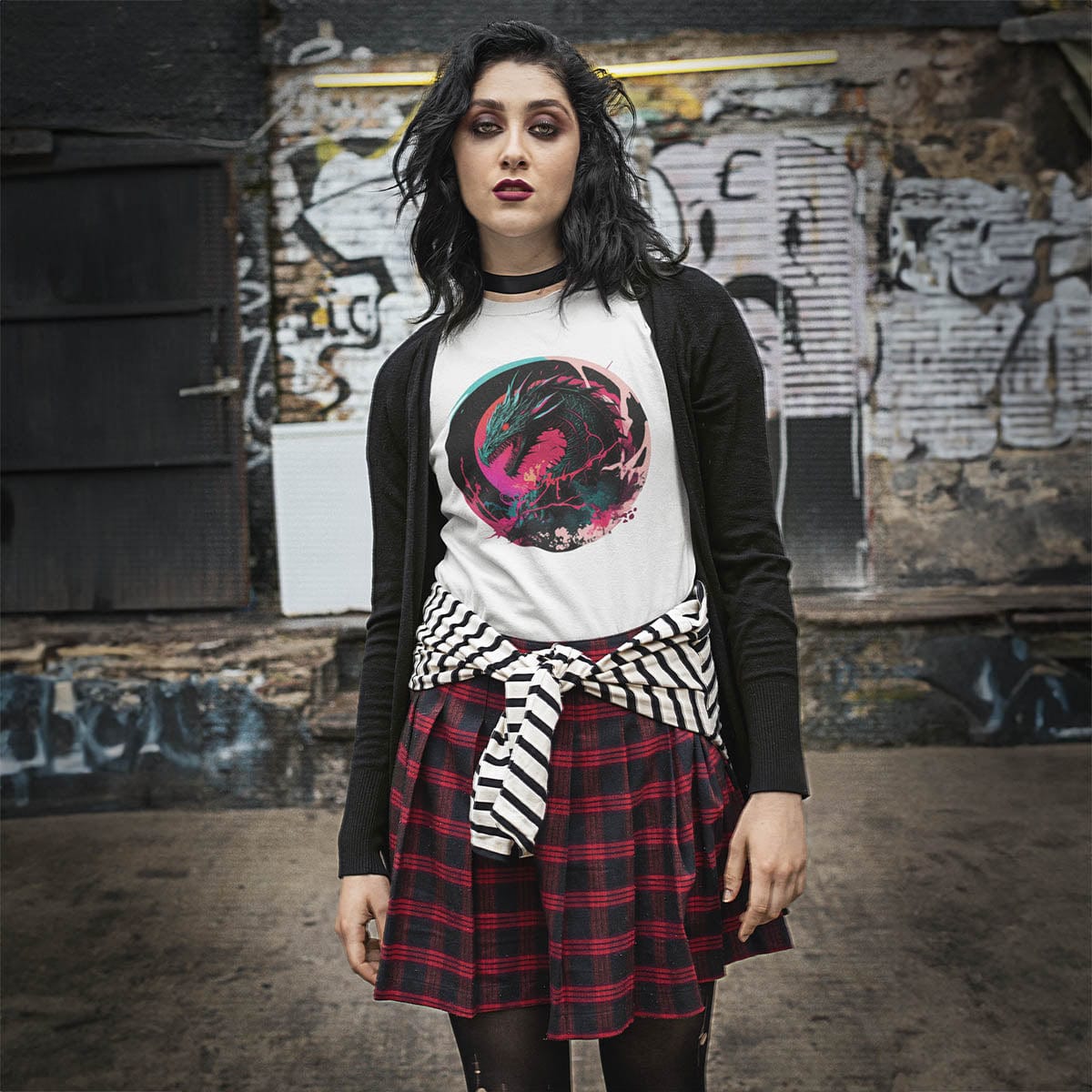 Woman with alternative style in an alleyway wearing an Angry Dragon Shirt featuring a fierce dragon with electric energy.