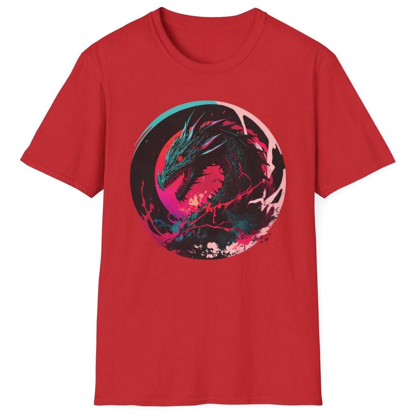 Angry Dragon Shirt in red featuring a fierce dragon with electric energy, baring its teeth in a menacing snarl.